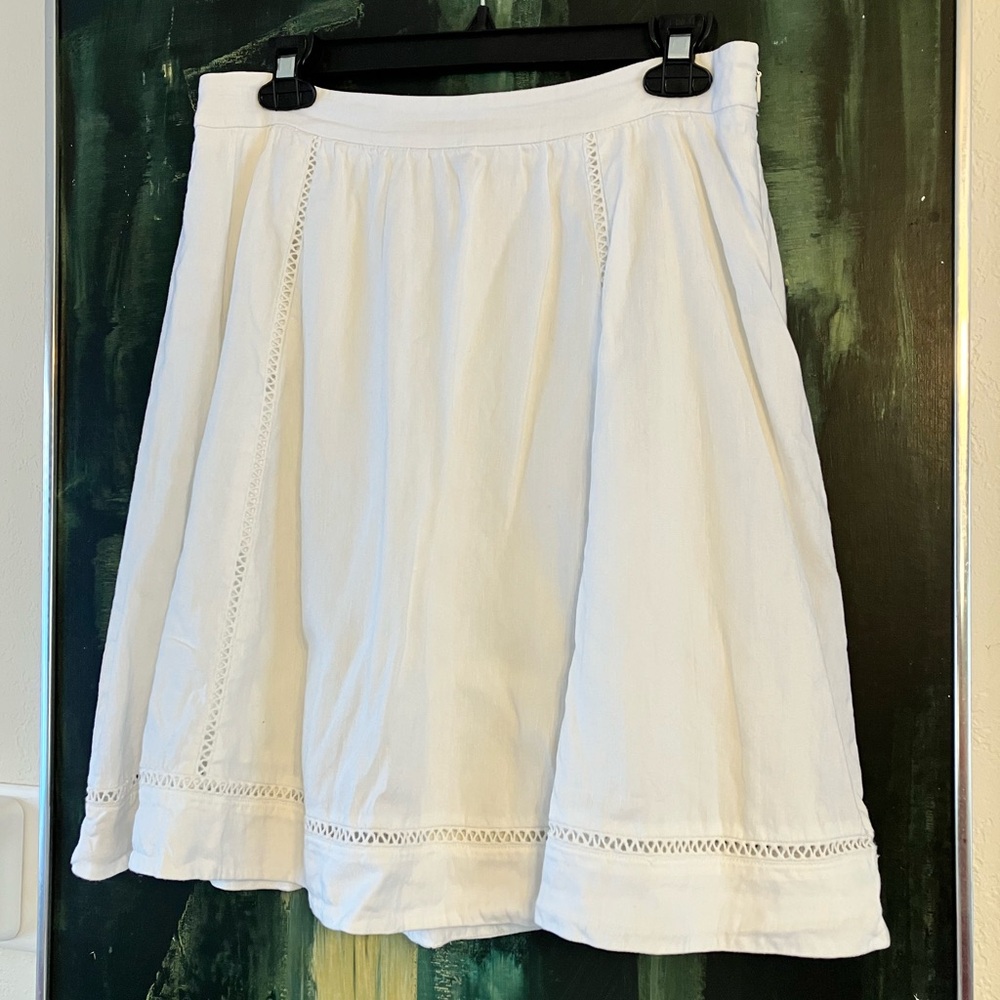 Ann Taylor white linen fit flare A-line crochet embroidered midi Spring skirt 6P